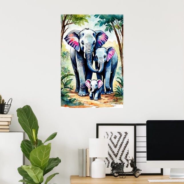 African Elephant Family Art, Colorful Wildlife Poster (Home Office)