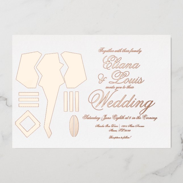 African Elephant Marking Wedding Pressed  Foil Invitation (Front)