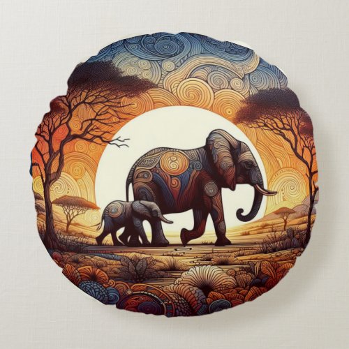 African Elephant mom and baby Round Pillow