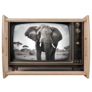 African Elephant On Analog Television, Serving Tray