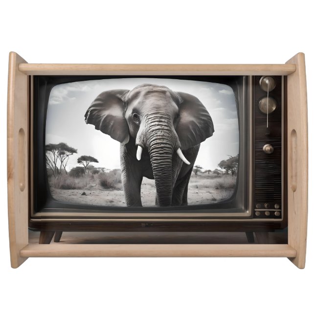 African Elephant On Analog Television, Serving Tray (Front)