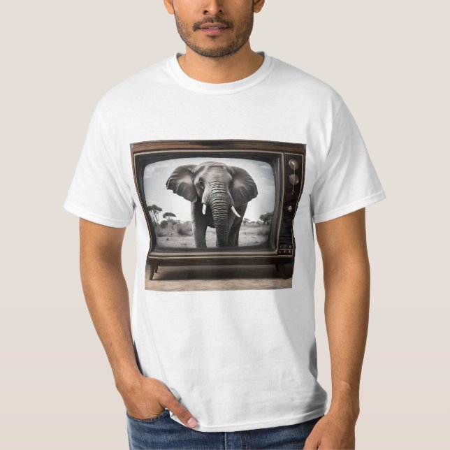 African Elephant On Analog Television, T-Shirt (Front)