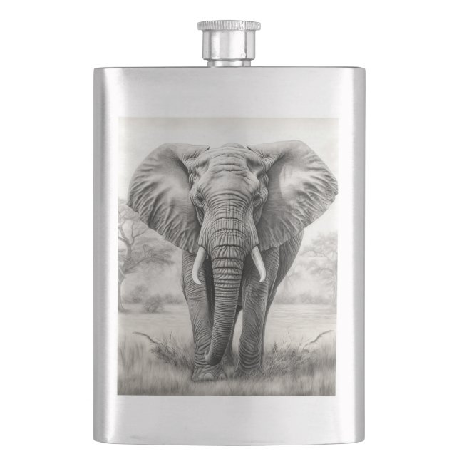 African Elephant Pencil Drawing Flask (Front)