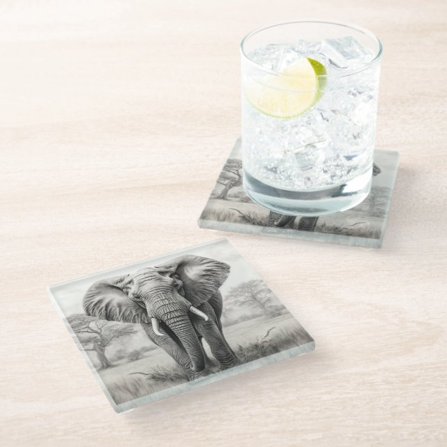 African Elephant Pencil Drawing   Glass Coaster (Angled)