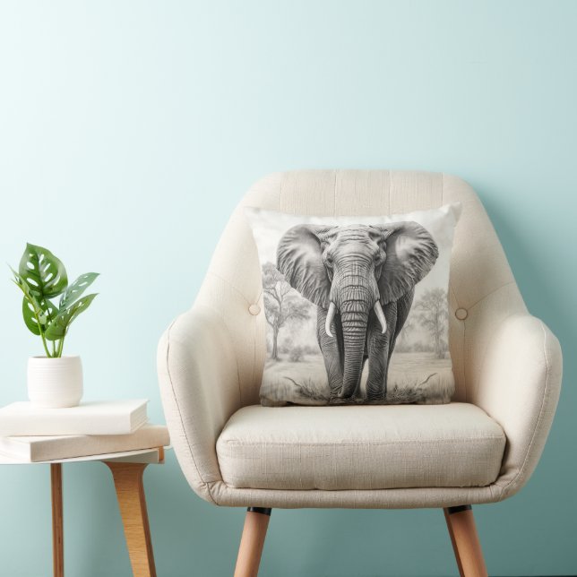African Elephant Pencil Drawing Throw Pillow (Chair)