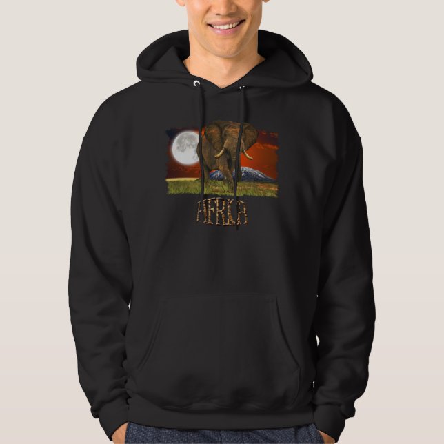 African Elephant & Savannah Moon Art Design Hoodie (Front)