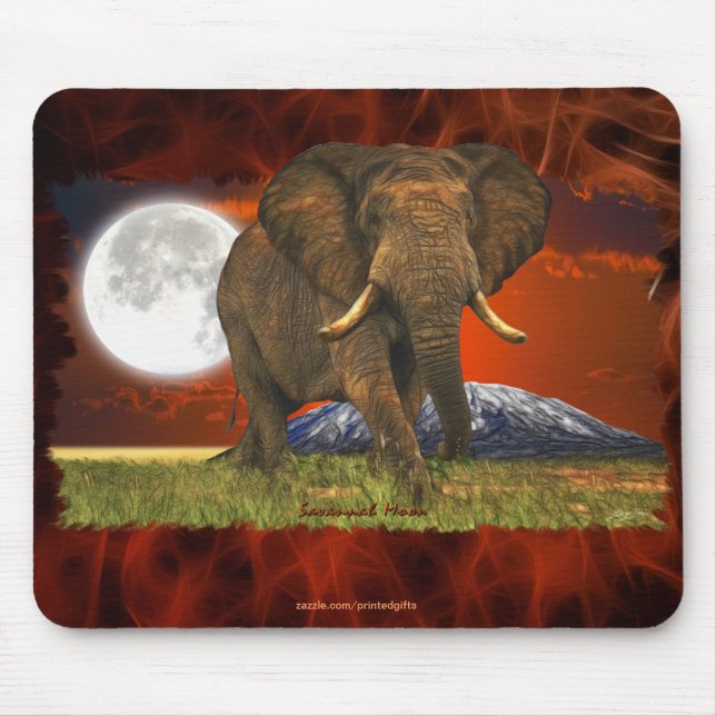 African Elephant & Savannah Moon Art Design Mouse Pad (Front)