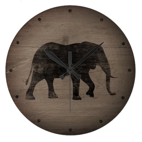African Elephant Silhouette Rustic Style Large Clock