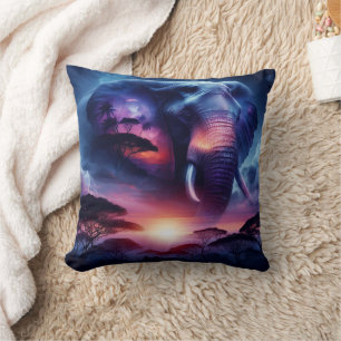 African Elephant Silhouette Sunset Safari Throw Pillow