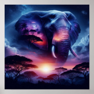 African Elephant Silhouette Sunset Safari Wildlife Poster