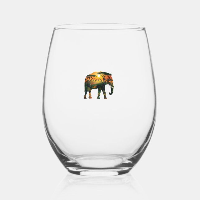 African Elephant Sunset Safari Nature Lovers Shirt Stemless Wine Glass (Front)