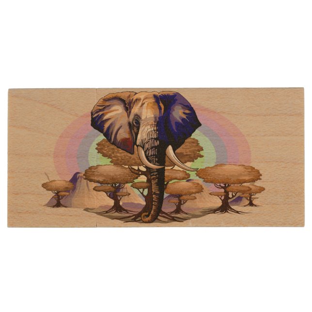 African Elephant Surreal Portrait  Wood Flash Drive (Back)