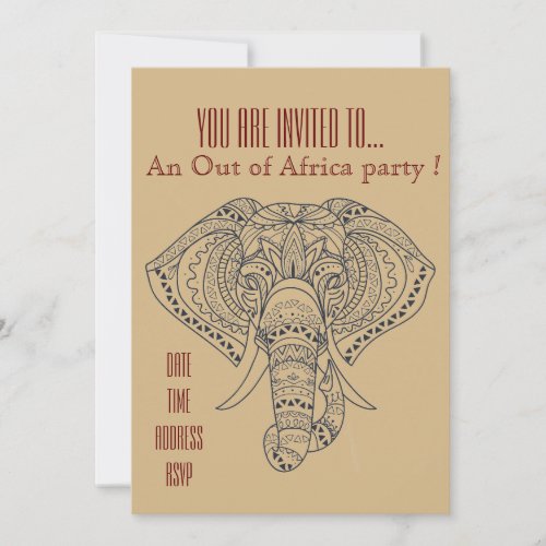 African Elephant themed Out of Africa party Invitation