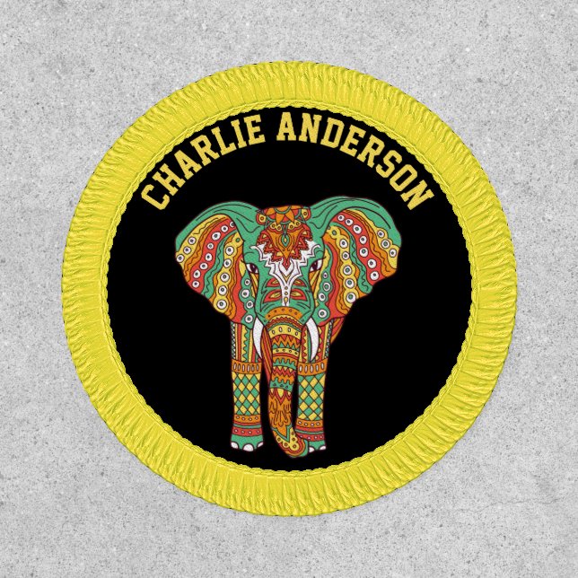 African Elephant Tribal Mandala Huichol Art Patch (Front)