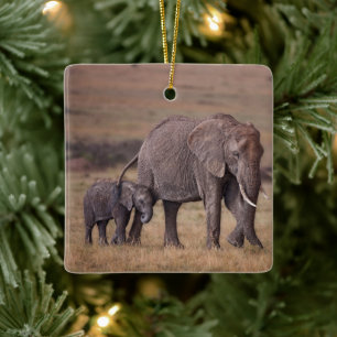 African Elephant with Baby Ceramic Ornament