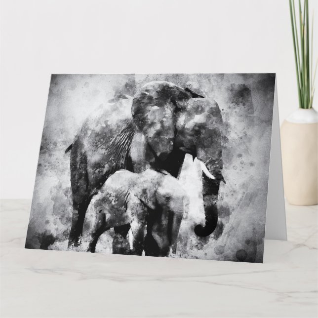 African Elephant with Calf Black and White Thank You Card (Front)