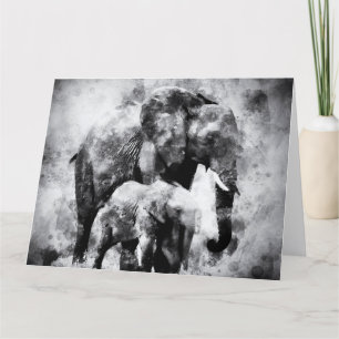 African Elephant with Calf Black and White Thank You Card