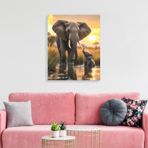 African Elephant With Her Baby Calf Canvas Print