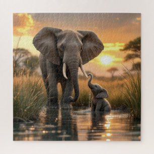 African Elephant With Her Baby Calf Jigsaw Puzzle
