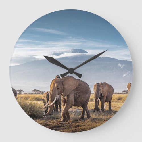 African Elephants Amboseli Walk Large Clock