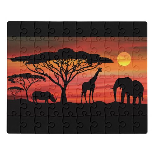 African Elephants in the Serengeti Sunset Jigsaw Puzzle