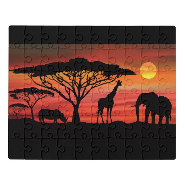 African Elephants in the Serengeti Sunset Jigsaw Puzzle (Puzzle Horizontal)