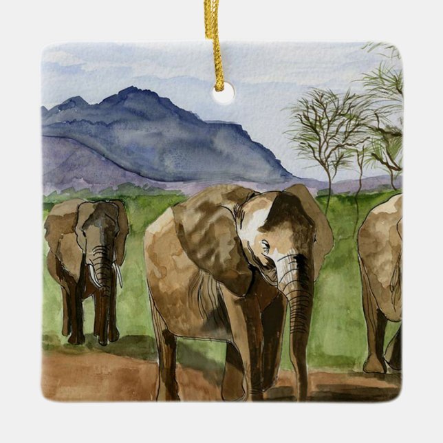African Elephants Watercolor Painting Ceramic Ornament (Front)