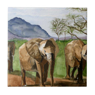 African Elephants Watercolor Painting Ceramic Tile