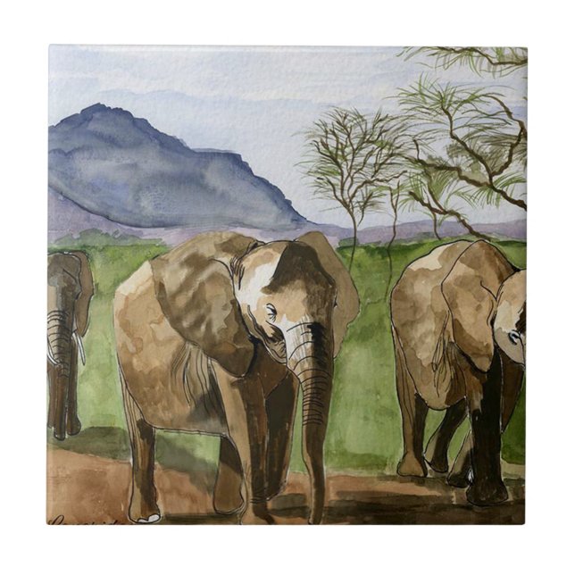 African Elephants Watercolor Painting Ceramic Tile (Front)