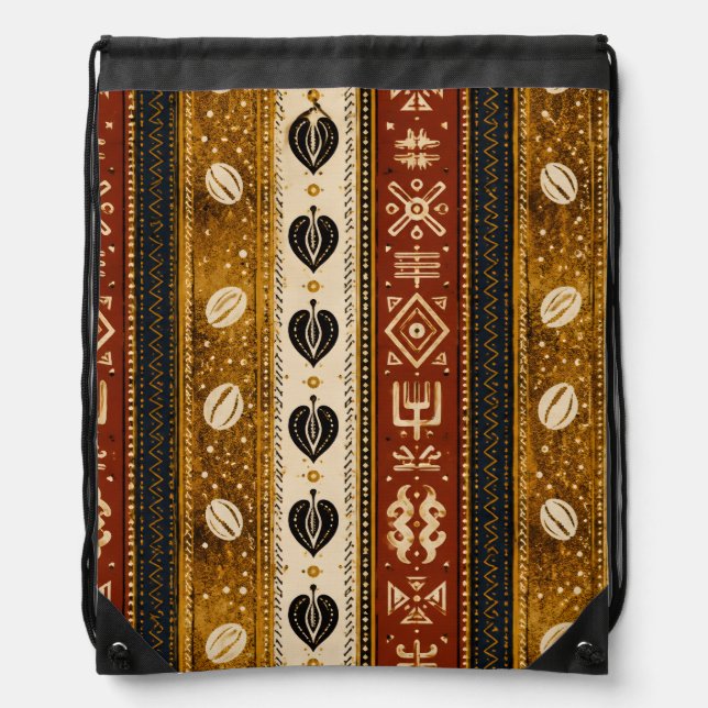 African Ethnic Cowrie Geometric Drawstring Bag (Front)