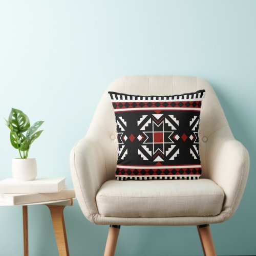 African ethnic geometric pattern black red white throw pillow