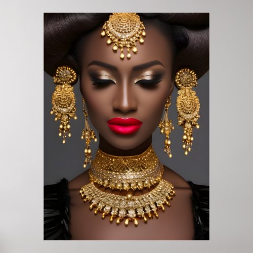 African exotic glam gold  jewel earrings pearls poster