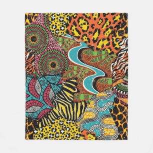 African Fabric: Wild Animal Patchwork. Fleece Blanket