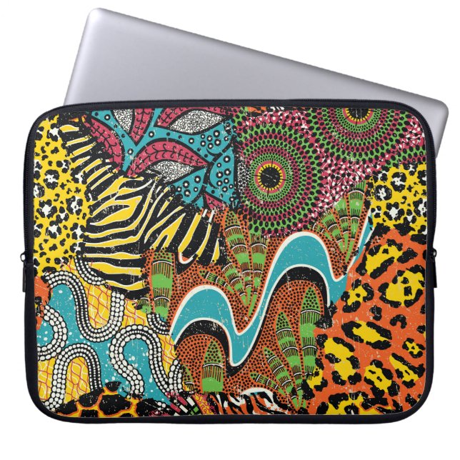 African Fabric: Wild Animal Patchwork. Laptop Sleeve (Front)