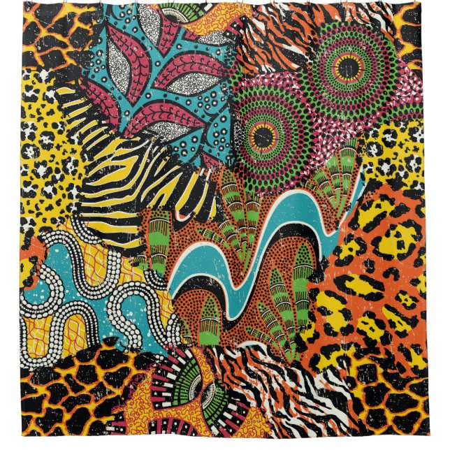 African Fabric: Wild Animal Patchwork. Shower Curtain (Front)