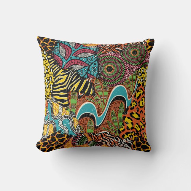 African Fabric: Wild Animal Patchwork. Throw Pillow (Front)