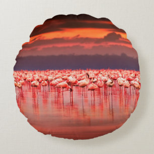 African flamingos in the lake over beautiful sunse round pillow