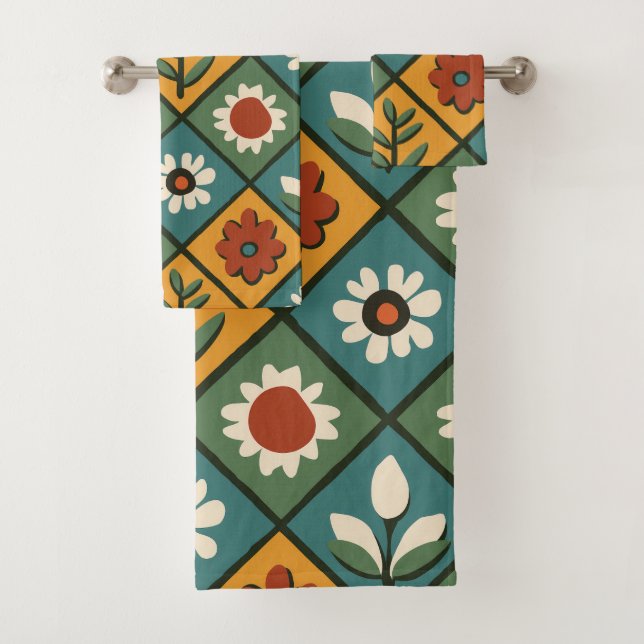 African Floral Tile Art Bath Towel Set (Insitu)