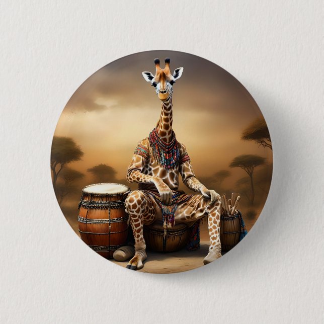 African Giraffe Bongo Drum Player, Button (Front)