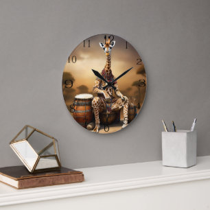 African Giraffe Bongo Drum Player, Large Clock