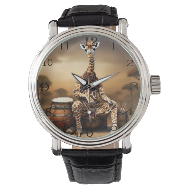 African Giraffe Bongo Drum Player, Watch (Front)
