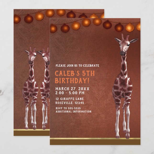 African Giraffe Brown Orange Birthday Party Invitation (Front/Back)