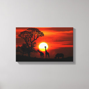 African Giraffe Safari Sunset Canvas Painting Print