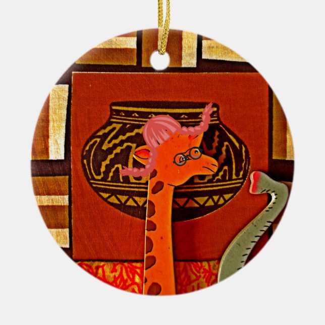 African Giraffe Traditional Art Print | Whimsical  Ceramic Ornament (Front)