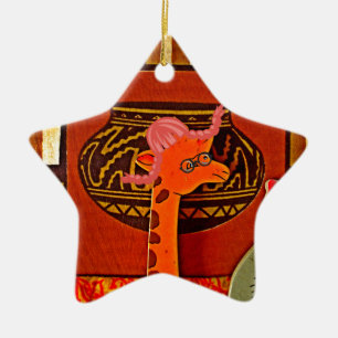 African Giraffe Traditional Art Print   Whimsical  Ceramic Ornament