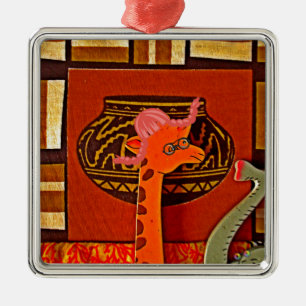 African Giraffe Traditional Art Print   Whimsical  Metal Ornament