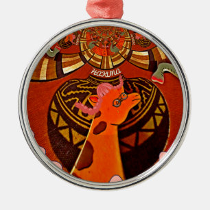 African Giraffe Traditional Art Print   Whimsical  Metal Ornament