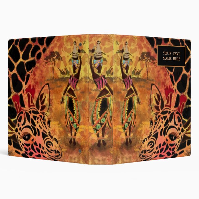 African Girl and Giraffe - Friends - Art Drawing - 3 Ring Binder (Background)