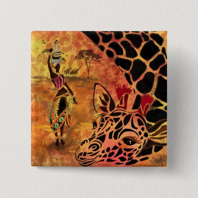 African Girl and Giraffe - Friends - Art Drawing - Button (Front)