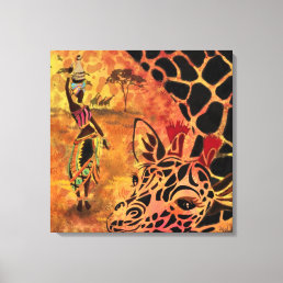 African Girl and Giraffe - Friends - Art Drawing - Canvas Print